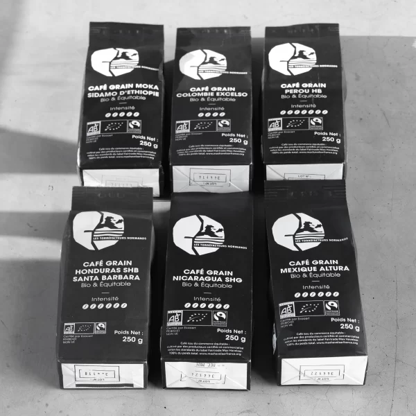 Ekologiška kava Etiopijos Sidamo Moka | Organic and Fair Trade Moka Coffee Ethiopia Sidamo Les Torréfacteurs Normands kavos pakuotė — ekologiška ir sąžiningos prekybos kava, Bio & Équitable sertifikatas