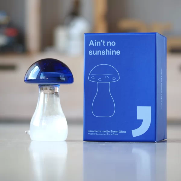 Mėlynas Stiklinis Barometras | Blue Glass Barometer Grybo formos stiklinis barometras yra elegantiškas ir unikalus objektas.