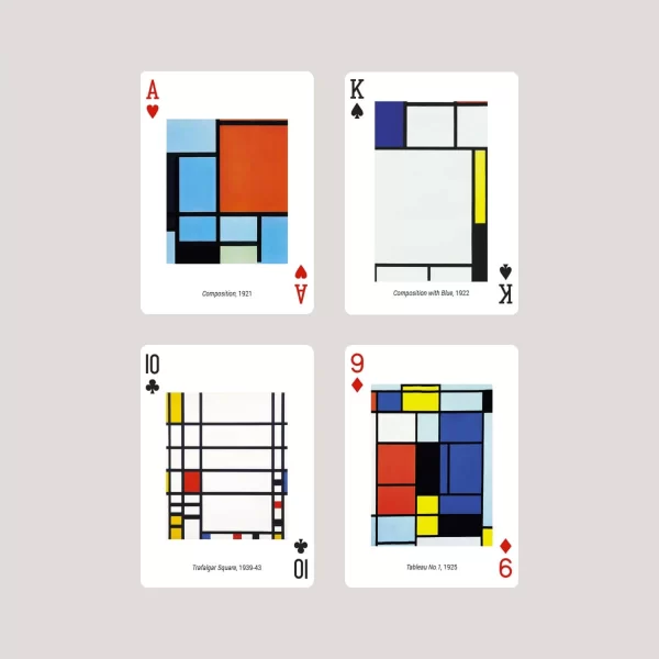 Kortos Mondrian | Mondrian Art Playing Cards Mondriano meno žaidimo kortos, sukurtos Piatnik, yra unikalus ir spalvotas rinkinys su ikoniškais Mondriano dizainais.