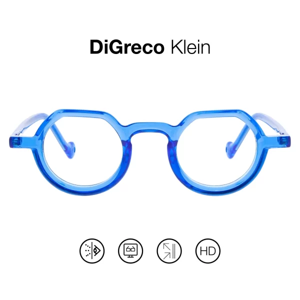 DiGreco skaitymo akiniai +1.5, mėlyni | DiGreco Reading Glasses +1.5 (Bio) DiGreco skaitymo akiniai iš naujo interpretuoja klasišką apvalią formą su drąsiu geometriniu dizainu.