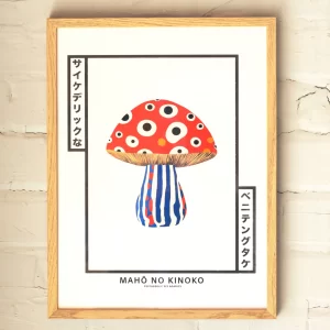 Švedijos „Pictufy Studio“ kūrinys Japan Spotted mushroom: raudonakepuris grybas su juodai baltomis akių dėmėmis ant kreminio...