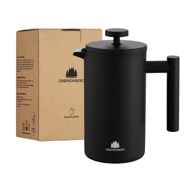 Nerūdijančio plieno French press kavinukas juodas | Stainless Steel French Press Black „Grønenberg“ nerūdijančio plieno prancūziškas French Press kavinukas juodos spalvos.